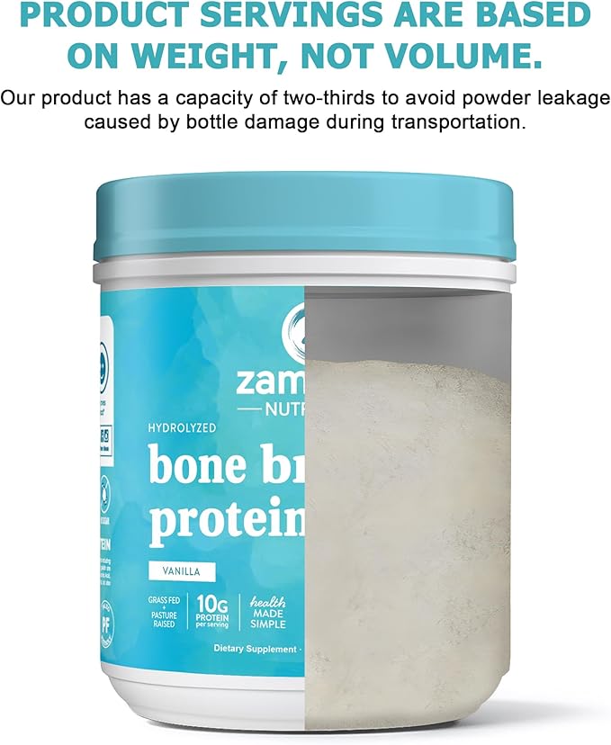 Zammex Bone Broth Protein Powder, Pure Grass Fed Beef, Vanilla Protein Powder,Hydrolyzed Collagen Supplement for Healthy Skin,Nails,Hair,Joints, Non-GMO,Gluten Free, Great in Shakes
