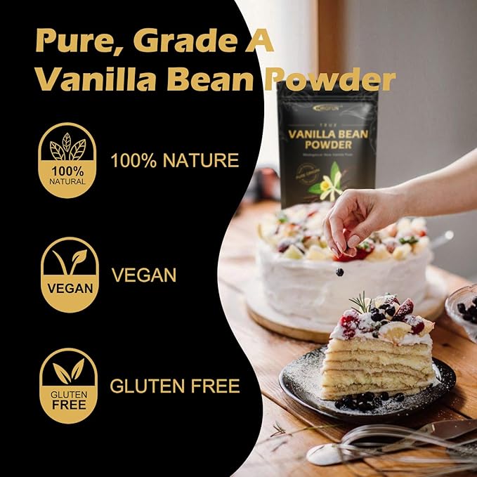 ORGFUN Vanilla Bean Powder 3.53 Oz, Native Ground Madagascar Vanilla Powder Pure Natural No Fillers or Additives Great for Baking, Desserts, Coffee Vegan Gluten Free 100G