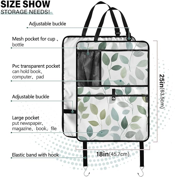 2 Pack Back Seat Car Organizer with Storage Pockets Kick Mats Back Seat Protector Hanging Car Organizer Automotive Seat Back Cover Organizers Fresh Green and Grey Leaves