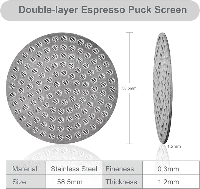 SANTOW Espresso Puck Screen, 58.5mm Portafilter Shower Screen Puck Mesh Fits 58mm Portafilter - 1.5mm Thick, 304 Stainless Steel with Titanium PVD Coating, Dual Layer Filter
