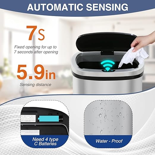 PayLessHere | 13 Gallon Stainless Steel Trash Can | Steel | Automatic Touchless Lid with Motion Sensor | Kitchen Garbage Can with Waterproof Design | for Home, Office, Bathroom | Pack of 1