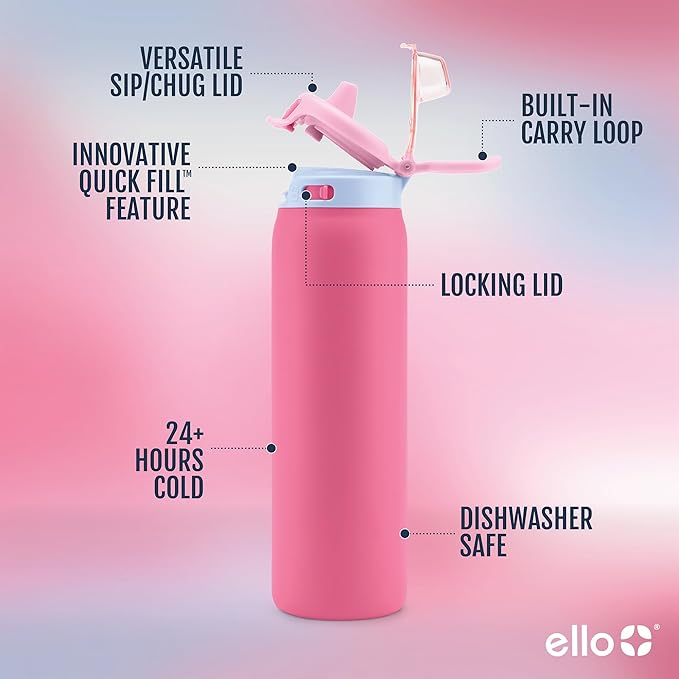 Ello Pop & Fill Insulated Stainless Steel Water Bottle with Quick Fill Lid, Leakproof Locking, Sip or Chug Spout, BPA-Free, Double Wall Vacuum Insulated for Sports, Travel & School- 22oz / 32oz / 40oz