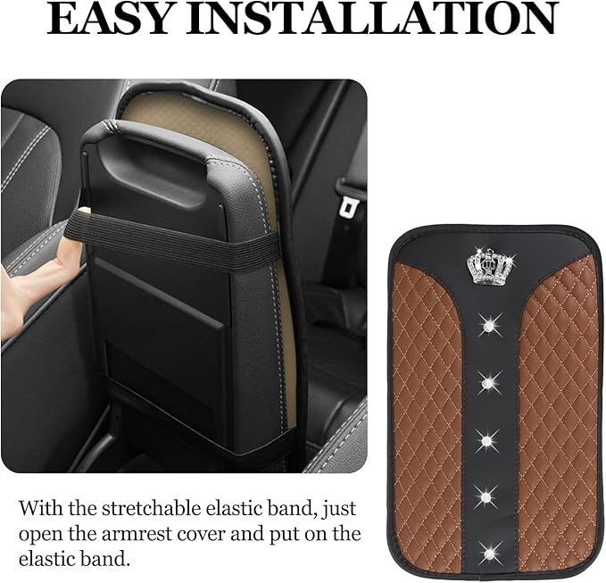 Bling Crown Car Center Console Cover, 12.7"×7.7" Armrest Cover for Cars, Waterproof Leather Arm Rest Box Pad Cushion, Universal Middle Console Cover Protector, Car Accessories (Coffee)