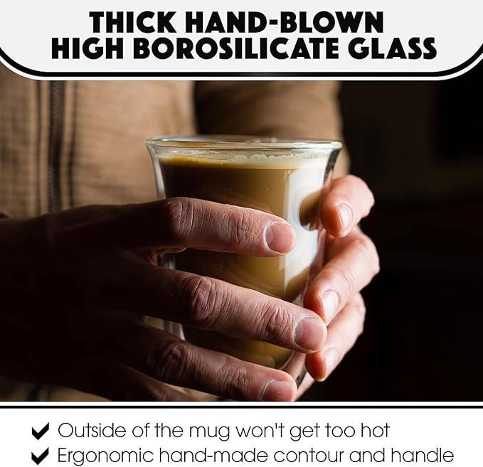 Brod & Taylor Double-Wall Insulated Large Espresso (Latte) Glass Cups (Set of 2, 7.5oz / 220ml)