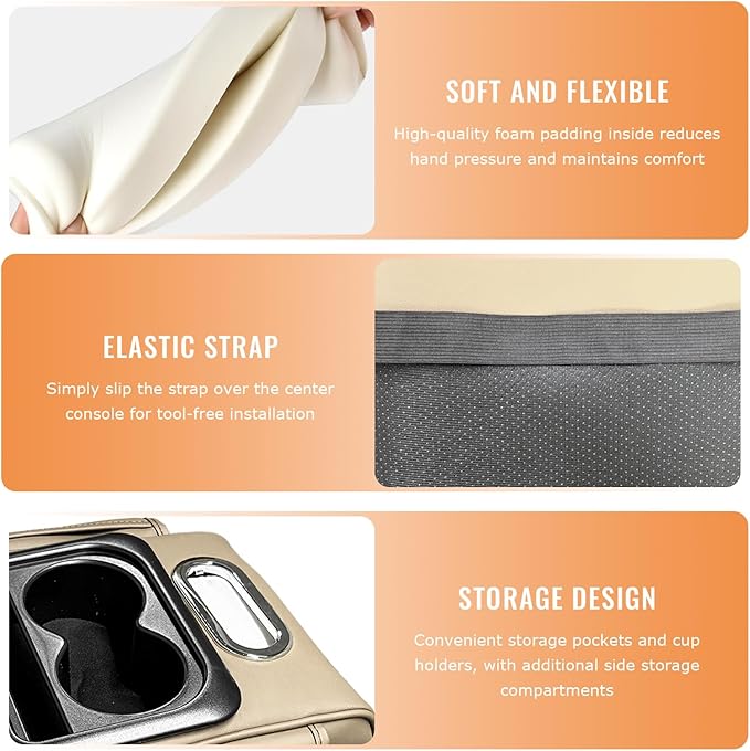 Car Center Console Armrest Pillow, 5-in-1 Armrest Cushion w/ 2 Side Bags, Tissue Box Slot, Cup & Phone Holder, Multifunctional Leather Auto Arm Rest Cover Storage Organizer (Beige, Normal)