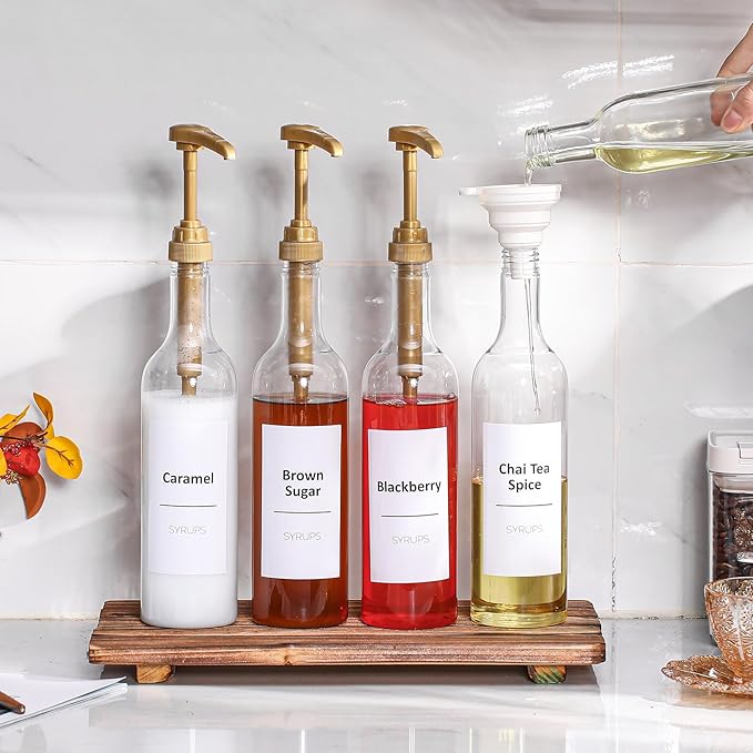 Bokon Coffee Syrup Dispenser 25.4 oz 750 ml Drinking Syrup Pump Bottles with Comprehensive Label Set and Funnel for Coffee Bar Accessories Essentials(Gold,4 Pcs)