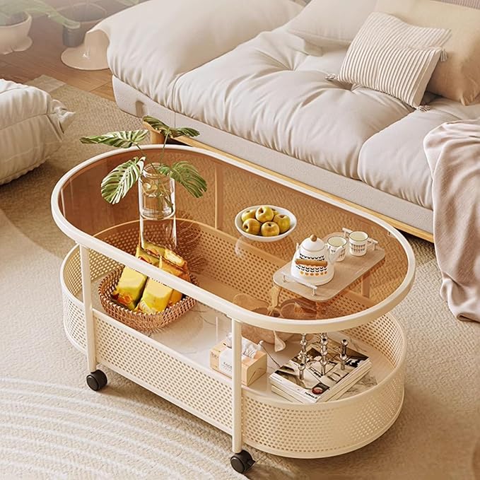 Side Table Glass Top Movable End Table Coffee Station Table, Metal Coffee Bar Stand Cart with Storage Coffee Table on Wheels,for Home Kitchen, Entryway, Living Room,Dining Room(White,80cm)