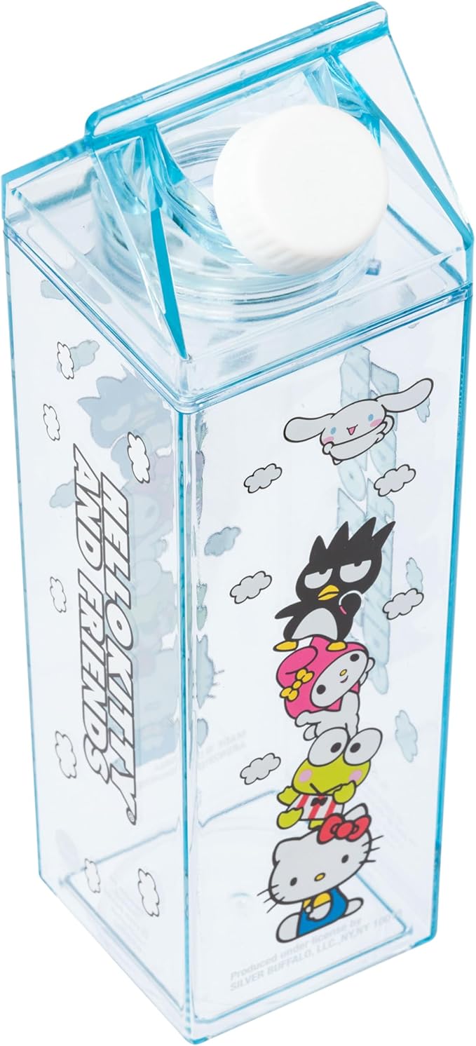 Silver Buffalo Sanrio Hello Kitty and Friends Featuring Cinnamoroll, Badtz-Maru, My Melody, and Keroppi Plastic Milk Carton Pitcher Bottle, 16.2 Ounces
