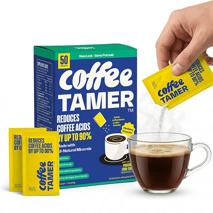 Coffee Tamer Acid Reducer Powder 50 Pack Box - All Natural Coffee Acid Reducer, Alkalizing Granules Reduce Acidity By 90%, Keto Friendly, Sugar-Free, Non-GMO, Preserves Original Flavor