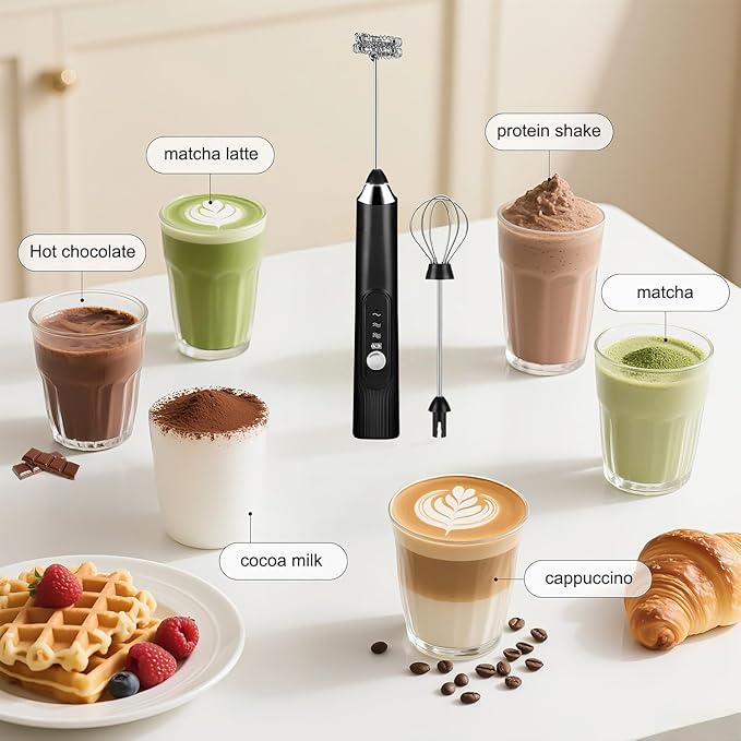 BEoffer Milk Frother Handheld + Stand Rechargeable 2000mAH Power Frother Wand Electric Foam Maker with 2 Stainless Whisks 3 Speeds Drink Mixer Coffee Frother for Latte, Cappuccino Matcha Hot Chocolate