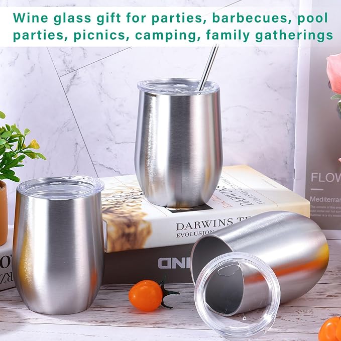 6 Pack Stainless Steel Wine Tumblers 12 oz Insulated Vacuum Wine Cup Set Double Wall Stainless Steel Stemless Mug Glasses for Coffee Soda Whiskey Outdoor Travel (Silver)