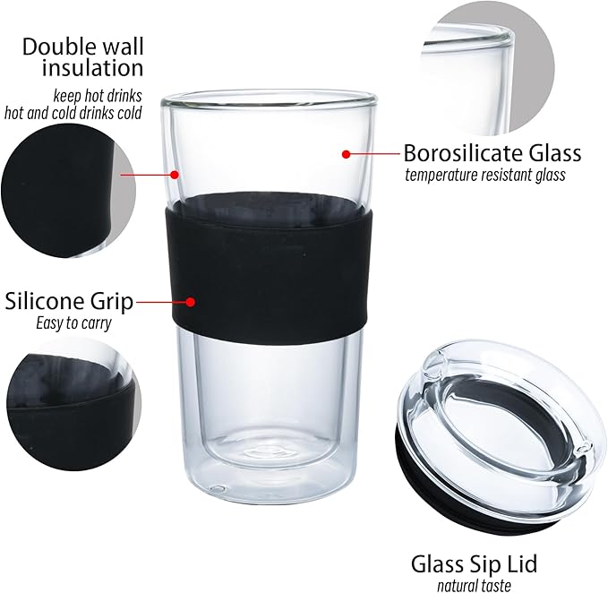 Double Wall Glass Tumbler 14 ounce All Glass Reusable Insulated Tea/Coffee Mug & Lid, Hand Blown Glass Travel Mug No Leaks, Silicone Grip for Easy Carry, Natural Taste