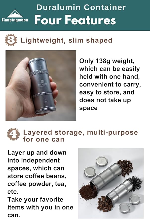 CAMPINGMOON 2-Layer Portable Coffee Bean Storage Canister Airtight Duralumin Coffee Travel Container Camping Lightweight Slim Mini Tea Caddy CNC Machined Metal Spice Jar S15g 30g CC-50-H