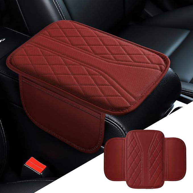 Car Center Console Cover, 11.8"×6.7" Leather Armrest Cover for Cars, Multifunctional Auto Armrest Cushion Pad with Storage Pocket, Universal Arm Rest Protector Car Accessories (Wine Red)