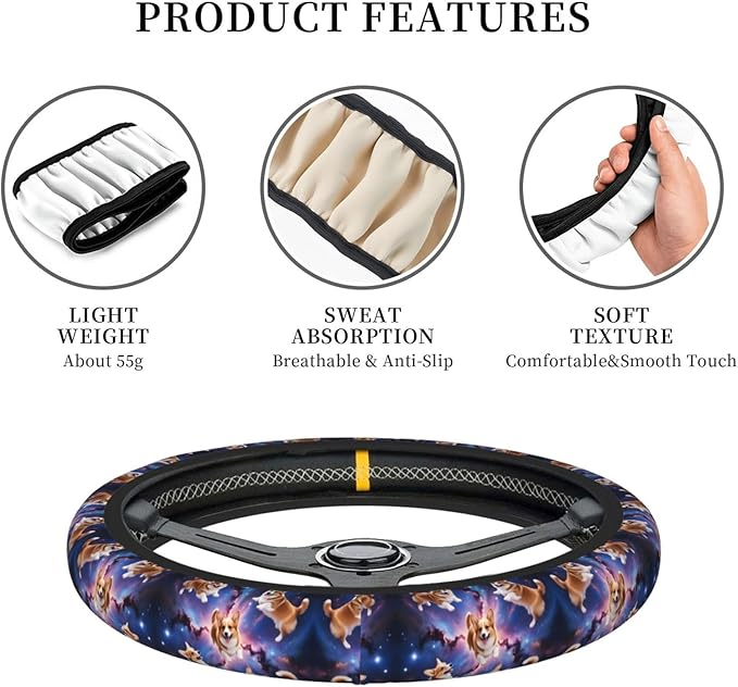 Cute Corgi Space Universal Fit Steering Wheel Cover for Car, Truck, and SUV, Durable Steering Wheel Protection