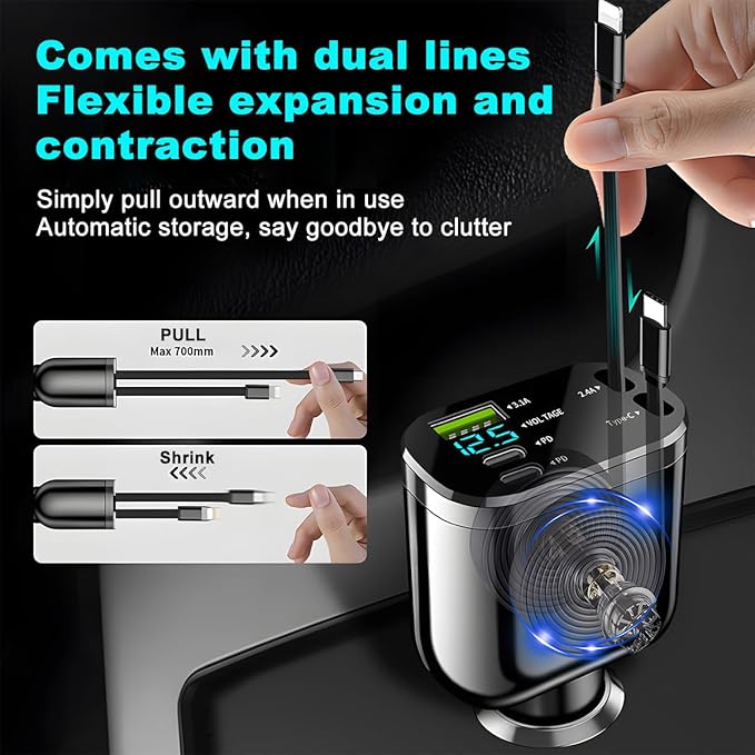 Retractable Car Charger, 4 in 1 Super Fast Vehicle Phone Charger Adapter, Auto Cellphone Charging Accessories with Dual Type C Cables & 2 USB Ports, Universal for SUV, Sedan, Truck