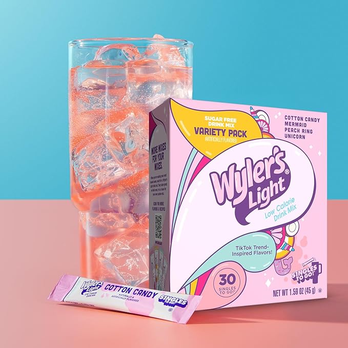 Wyler’s Light Singles To Go Water Drink Mix, 30 Sticks, V1 Fun Flavors Pack (Cotton Candy, Mermaid, Peach Ring, Unicorn), Sugar Free, Low Calorie