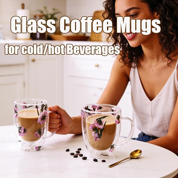 Viovian 13oz Double Wall Glass Coffee Mugs Set of 2 Insulated Glass Coffee Cups with Handles,Clear Dried Flower Tea Mug for Hot Beverages,Tea Cup Women Birthday Gifts