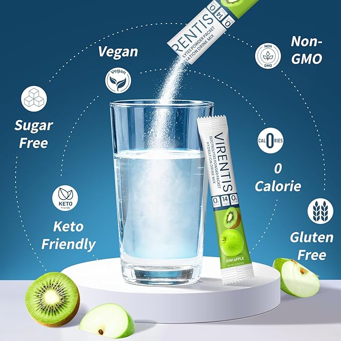 16 Sticks Electrolytes Powder Packets Sugar Free Hydration Packets Liquid Daily IV Electrolyte Drink Mix for Rehydration with 8 Electrolytes & 6 Vitamins, Low Sodium, Kiwi Apple