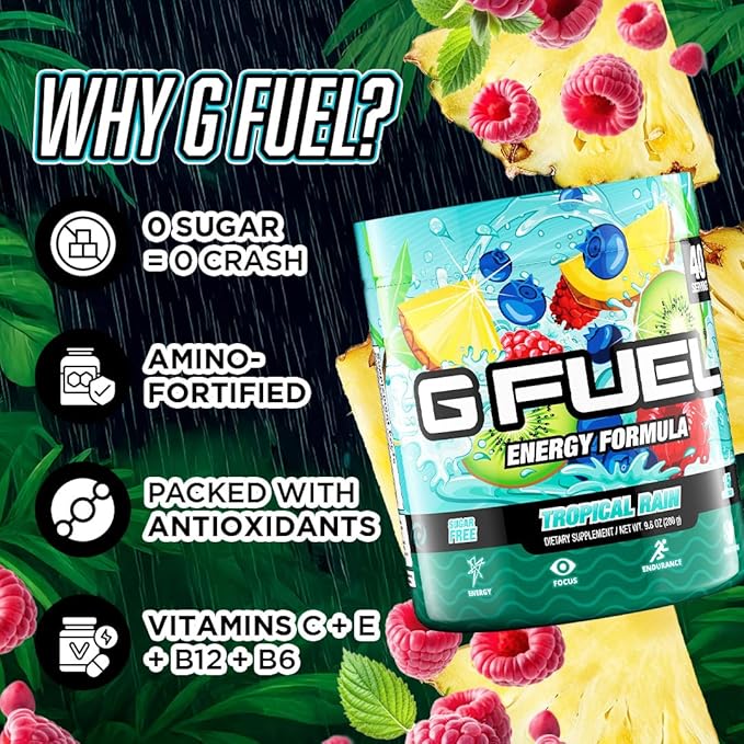 Gamma Labs G Fuel Tropical Rain Energy Drink Powder, Pre Workout Caffeine Mix for Gaming, Sugar Free Focus Amino, Vitamin + Antioxidants, 9.8oz Fruit Medley, 40 Servings