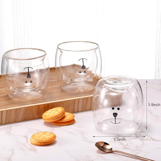 Patelai 3 Pieces Bear Mugs Cute Tea Coffee Cup Double Wall Insulated Glass Bear Espresso Cups White Glass Mugs for Office Birthday Halloween Christmas Valentines Gifts
