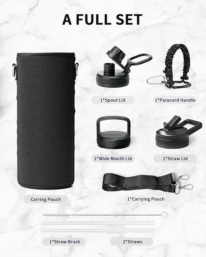 Trebo Water Bottle 40oz with Paracord Handle, Half Gallon Large Vacuum Double Wall Stainless Steel Insulated Water Jug with Holder Strap Straw Spout Lids, Leakproof Keep Cold & Hot,Starry White