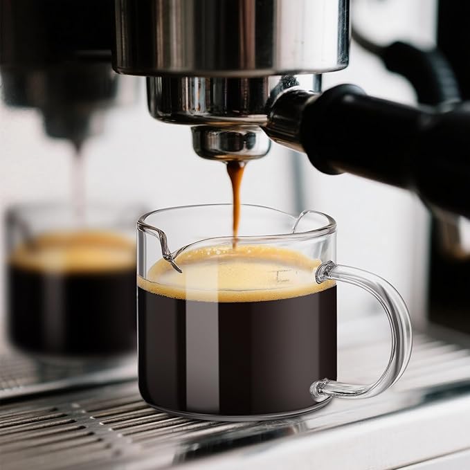 Patelai 4 Pcs 6oz/180ml Espresso Cups, Glass Coffee Cups with Double Spouts & Handle, Clear Espresso Shot Glass Milk Frothed Cup Coffee Accessories for Machines, Milk Frothed, and Bars