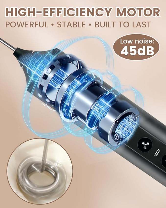 Rechargeable Electric Milk Frother Handheld, 3-Speed Wireless Preventing Splashing Drink Mixer with Stand, 10-Second Frothing for Coffee, Matcha, Latte, Cappuccino, and Protein Shakes, Black