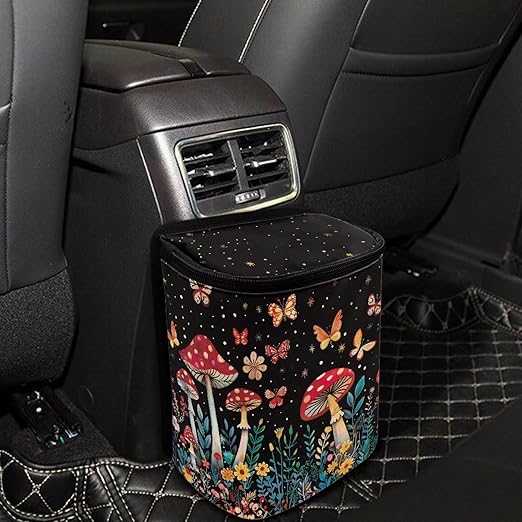 Butterfly Mushroom Car Trash Can with Lid car Accessories Leak Proof Car Trash Bag Hanging Car Garbage Can Multipurpose Storage Container for Back Seat Road Trip