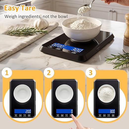 Food Scale, 33 lb / 0.1 oz High Precision Kitchen Scale for Sourdough Bread, Built-in 7 Units, Timing & Tare Function, Rechargeable Digital Kitchen Scale for Food, Baking, Cooking