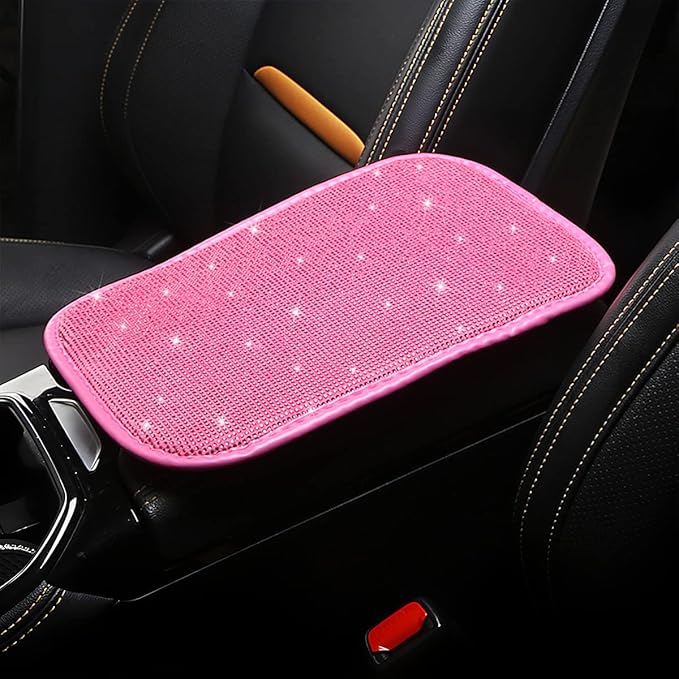 Bling Center Console Cover, Diamond Fashion ArmRest Pad, Crystal Soft Arm Rest Protective Cushion, Car Accessories for Women Girls, 11.8"×8.5" for Most of Vehicles, SUVs, Trucks (Rose Red)