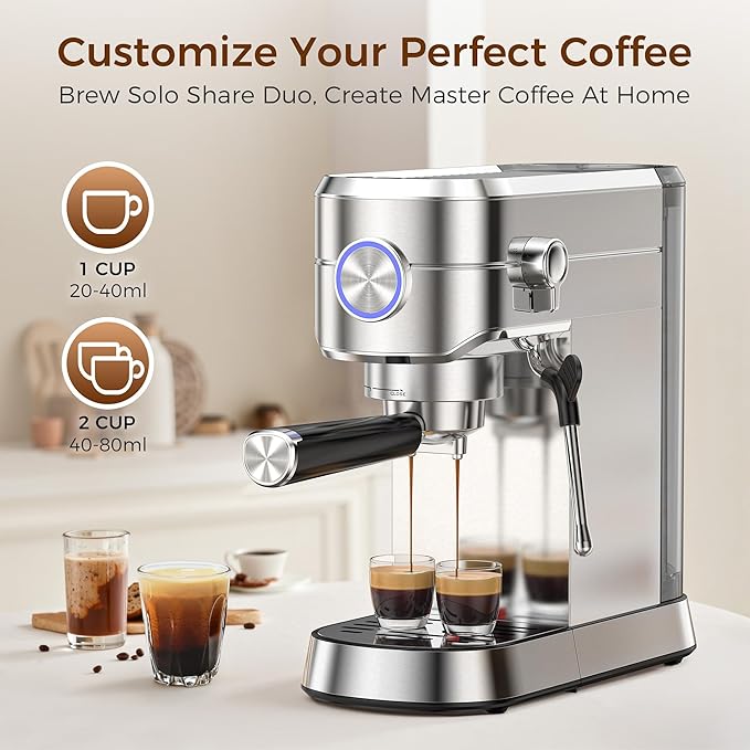 Kndko Espresso Machine, 20 Bar Espresso Coffee Machine with Milk Frother, Compact Stainless Steel Coffee Maker with 34oz Removable Water Tank for Cappuccino, Latte