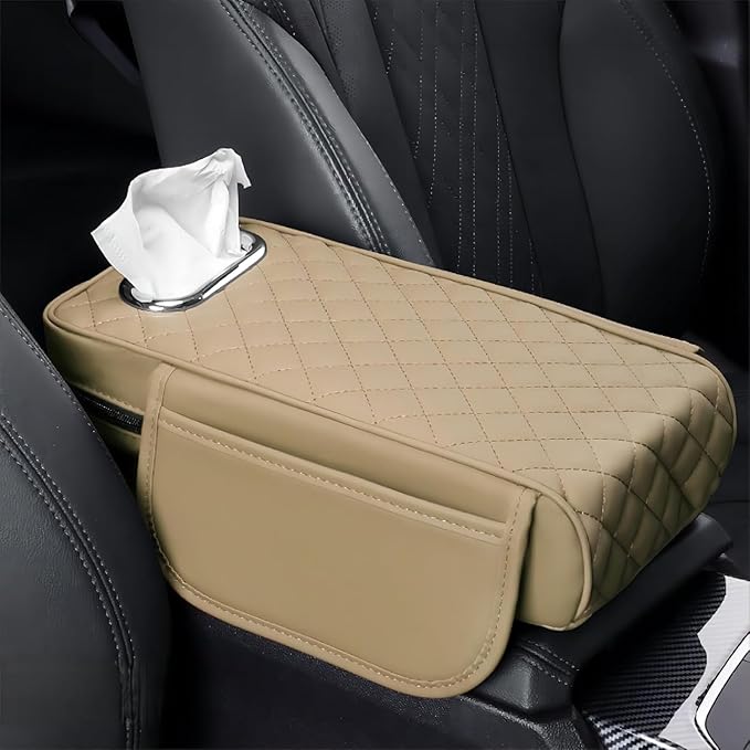 Car Center Console Cover for Fiat 500L (Type 330) 2012-2021, Leather Car Arm Rest Cover, Car Armrest Cushion with 2 Storage Bags Car Center Console Armrest Pad,A Beige