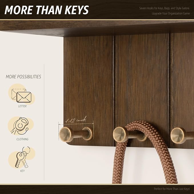 Rebee Vision Farmhouse Key Holder Wall Mount - Decorative Key and Mail Holder for Wall with 7 Hooks and Shelf Organizer - Ideal Apartment Essentials for Aesthetic Home Decor (Rustic Brown)