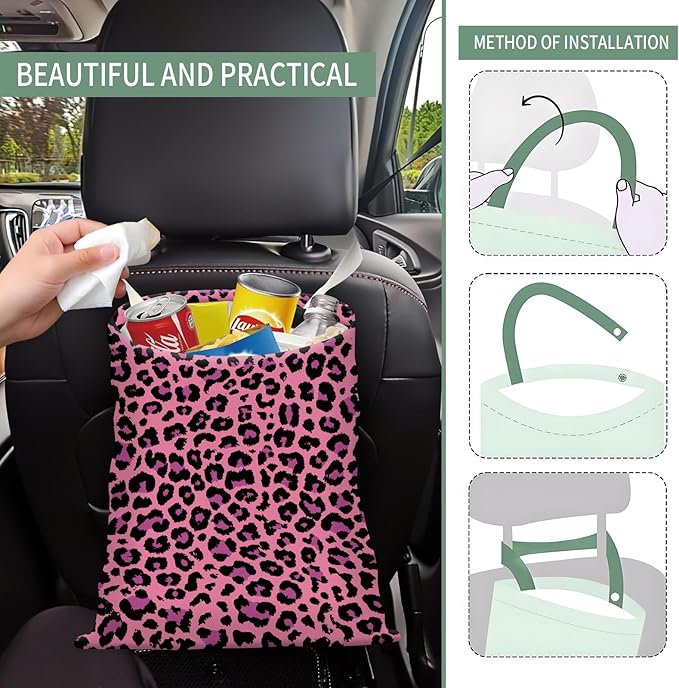 Cute Car Trash Can, Hanging Canvas Car Back Seat Organizer and Storage Bag, Funny Car Trash Bag for Travelling, Outdoor Cute Pink Leopard