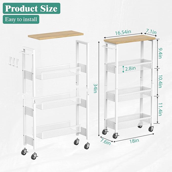 Giwil Slim Rolling Storage Cart 4 Tier Bathroom Organizer Mobile Shelving Unit Utility Cart with Wood Top and Handle for Kitchen Laundry Narrow Places, White