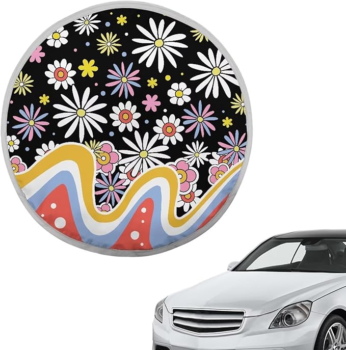 Groovy Hippie Flower Pattern Steering Wheel Sunshade Cover Fit Most Truck Van Car SUV Steering Wheel UV Reflector Shade Cover Sun Protection Car Interior Accessories