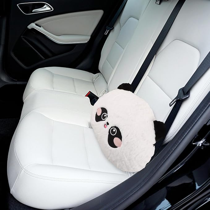 Lumbar Support Pillow for Car Seat Cushion with Cartoon Panda Cover, Plush Back Rest for Driver and Office Chair, Soft Airplane Neck Pillow for Lower Back Relief