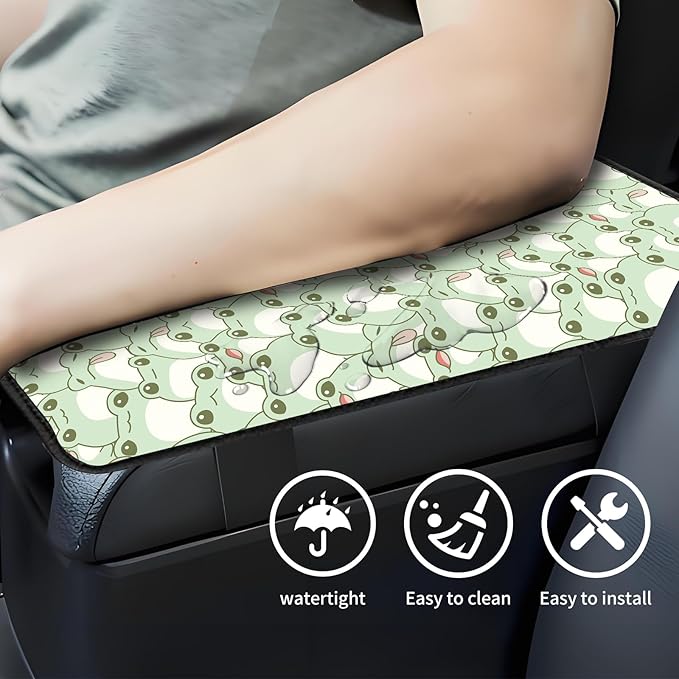 Car Center Console Cover, Universal Soft Large Neoprene Auto Armrest Seat Box Cover, Funny Car Decor Accessories Fit for Most Cars, Vehicles, SUVs Cute Green Frog