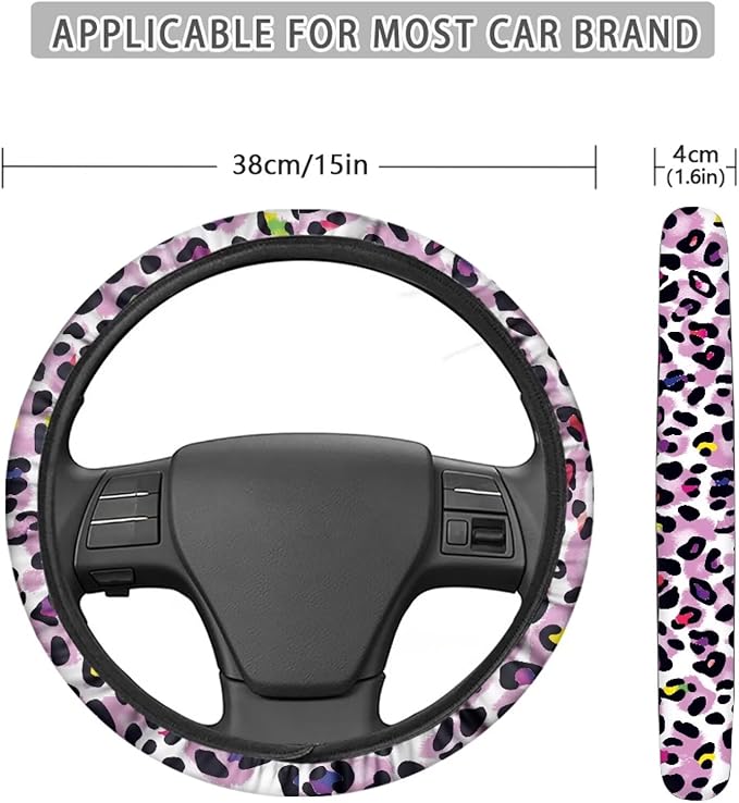 Universal Non-Slip Steering Wheel Cover, 15-inch Polyester Material Driving Accessories, Adjustable for Car and Truck(Vintage Lavender Colorful Leopard)