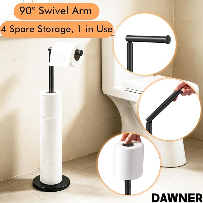 DAWNER 24" Black Toilet Paper Holder Free Standing, Stainless Steel Rustproof Toilet Paper Stand with Storage, Stable Heavy Weighted Flat Base for Apartment, Bathroom, Kitchen, Matte Black Finish