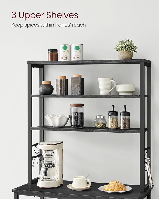VASAGLE Coffee Bar, 31.5 Inches Baker's Rack for Kitchen with Storage, 6-Tier Kitchen Shelves with 6 Hooks, Microwave Stand, Industrial, Charcoal Gray and Ink Black UKKS019B22