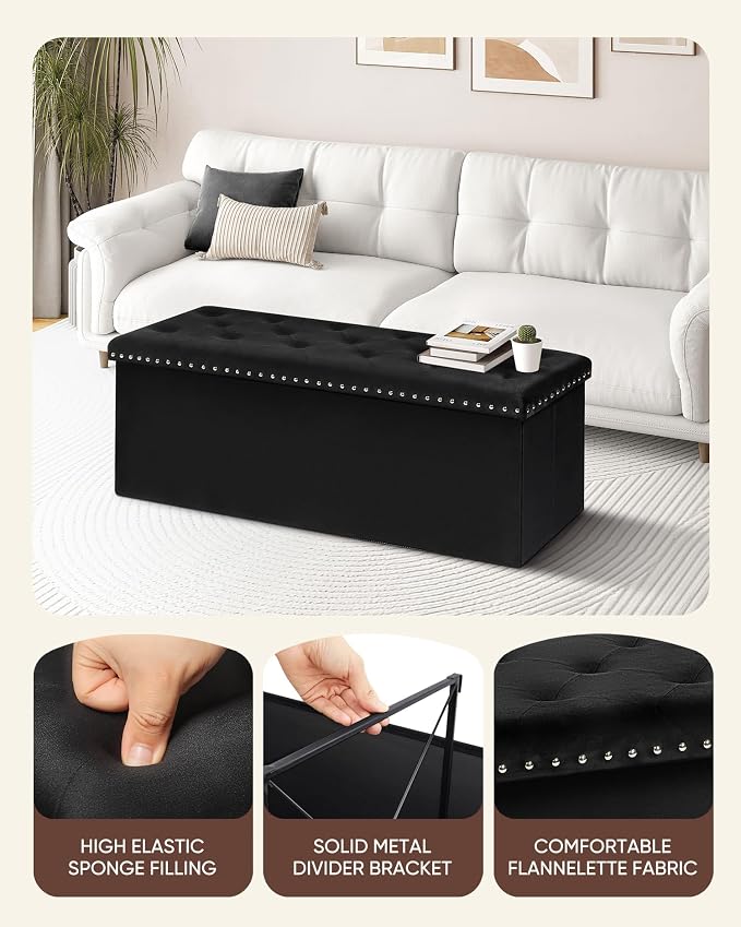 B FSOBEIIALEO Storage Ottoman Bench, Folding Tufted Ottomans with Storage, Extra Large 140L Storage Boxes Footrest Bench for Bedroom, Luxury Velvet Fabric 43 Inches Black