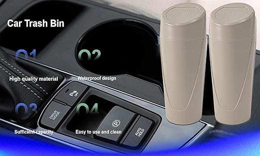 Car Trash Can Bin with Lid - 2 Packs Car Trash Bin-Car Trash Can Cup Holder-Mini Trash Garbage Can with 30pcs Small Trash Bags-Car Organizer Storage for Front Back Seat Accessories (Beige)