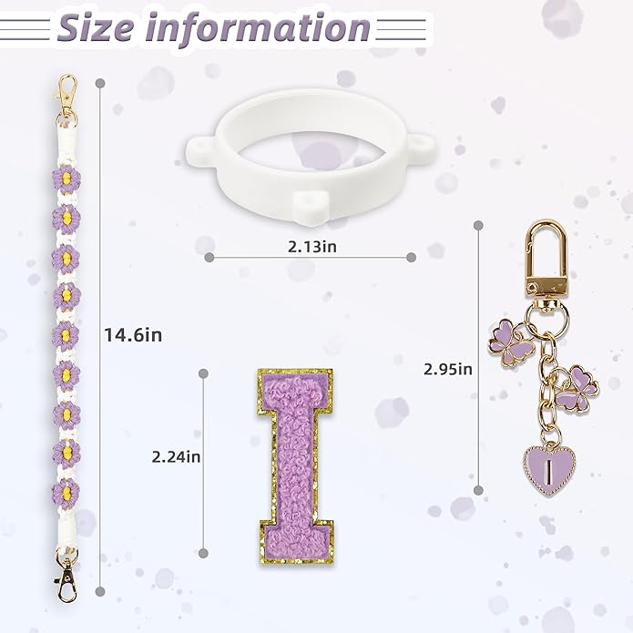 Compatible with Owala Water Bottle Accessories, Cute Letter Charm Set with Boho Handle Strap, Monogram Sticker, Silicone Ring, Keychain Decoration, for FreeSip 24 32 40oz, Owala Kids, Tumbler Gift
