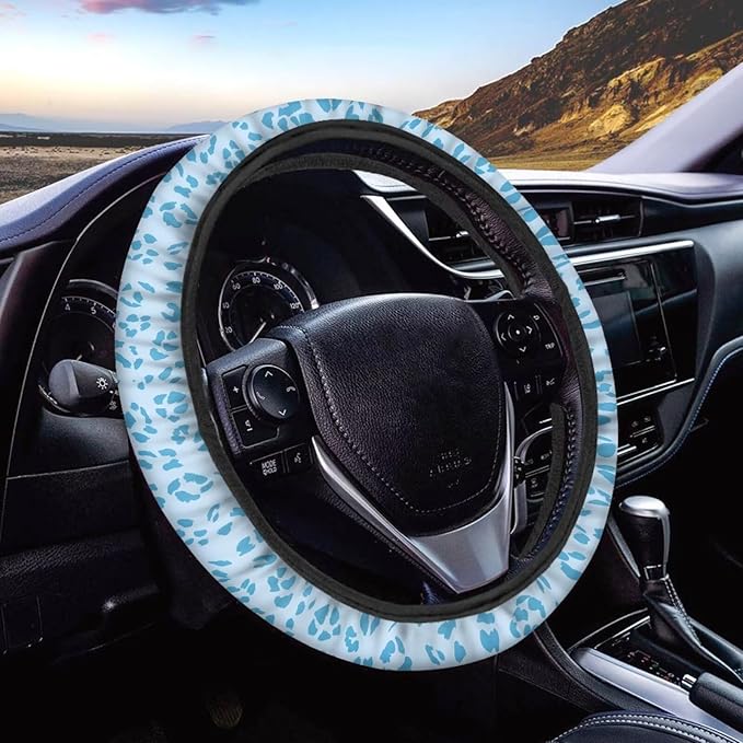 Universal Non-Slip Steering Wheel Cover, 15-inch Polyester Material Driving Accessories, Adjustable for Car and Truck(Light Blue Leopard)