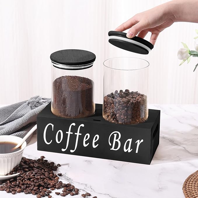 ZOMUIA Rustic Modern Black 2PCS Small 44oz Coffee Storage Jars with Shelf, 2Pcs 1.295L Airtight Glass Coffee Containers, Coffee Canisters, Food Storage Jars