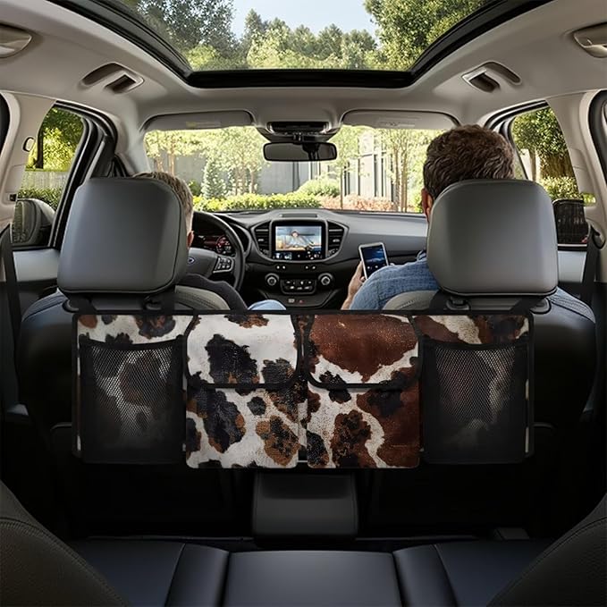 Cow Print Car Trunk Organizer, Large Capacity Auto Backseat Hanging Organizer, Thick Backseat Storage Bag with 2 Pockets, 2 Mesh Pockets, Car Trunk Tidy Storage Bag with Lids