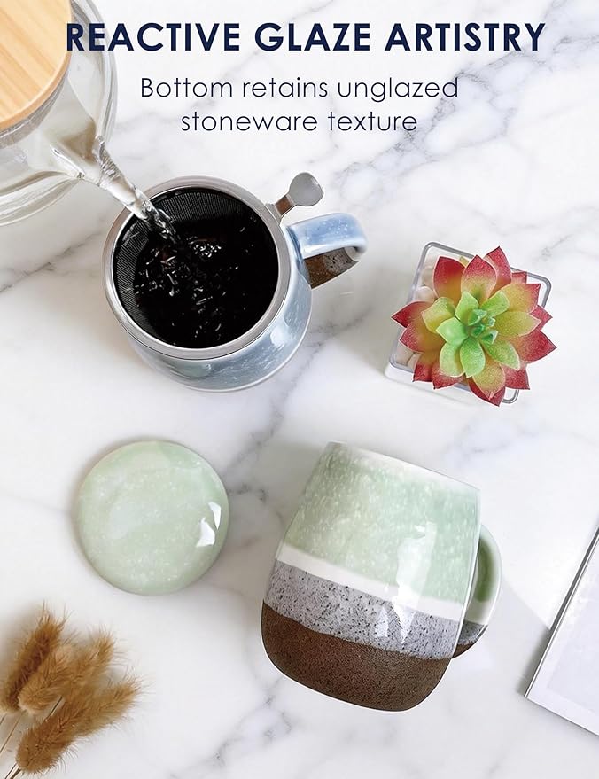 SISETOP 13.5 OZ Large Tea Infuser Mug, Reactive Glaze Tea Cup with Infuser and lid, Ceramic Infusion Mug for Loose Leaf, Microwave & Dishwasher Safe, Green