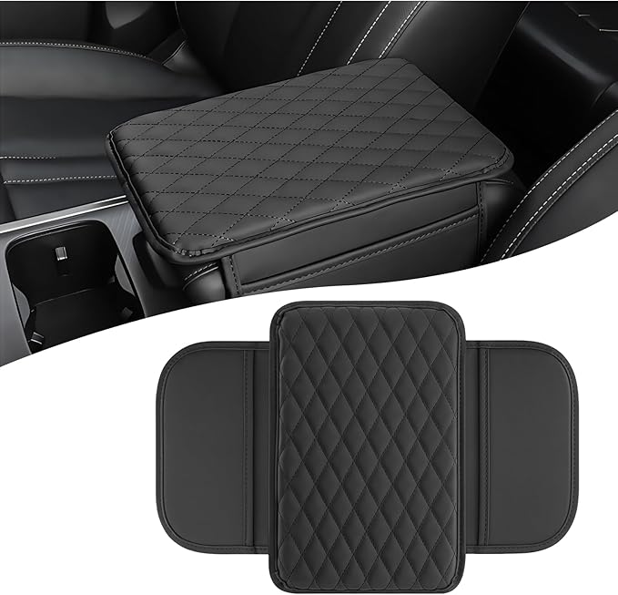 Car Center Console Cover, Leather Car Arm Rest Cover with 2 Storage Bags, Universal Auto Armrest Cushion Pad, Automobile Interior Accessories Protector for Most Vehicles, SUVs, Trucks (Black)